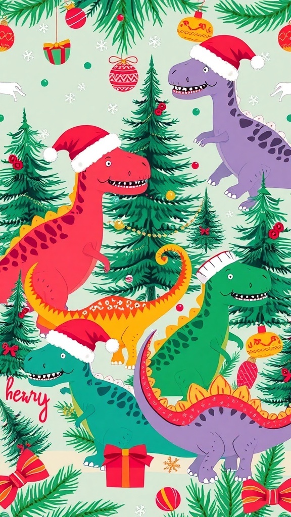 Dinosaur-themed Christmas wallpaper with colorful dinosaurs and festive decorations.